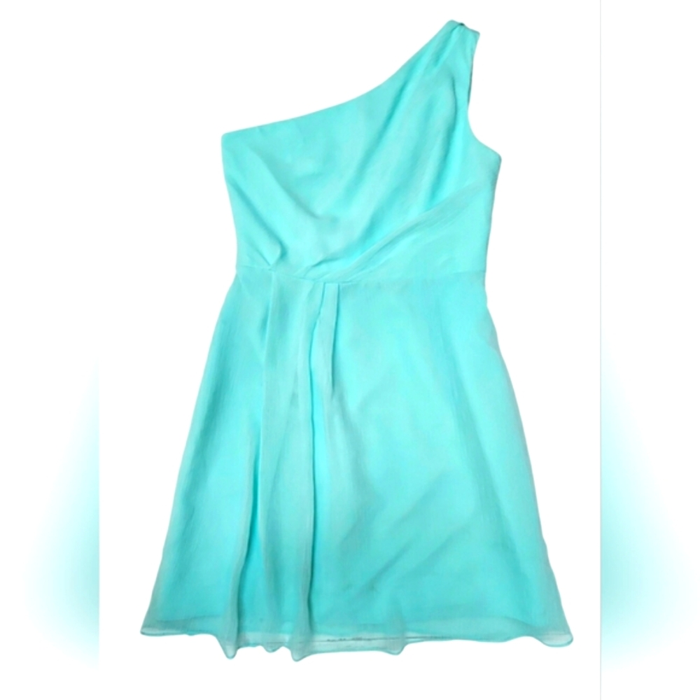 David's Bridal Formal Bridesmaid Chiffon One Shoulder Spa Blue Short Dress Flowy